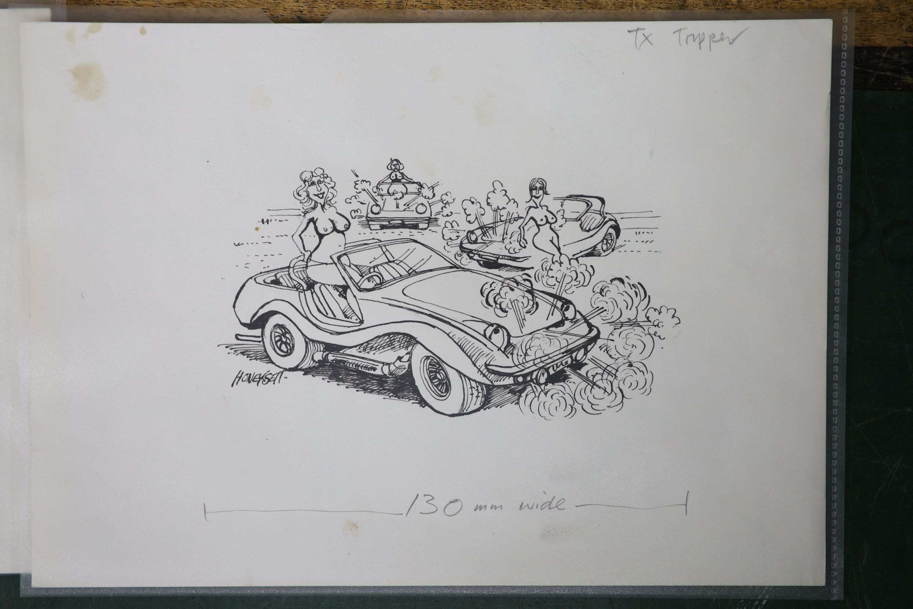 Martin Honeysett (b.1943-), five original cartoons, Tx Tripper, 'Old Volks..' (Kitcars June 82), Jaguar Mk2, fluffy car (Kitcars April 82) and small engine, signed, 20.5 x 30cm, unframed.